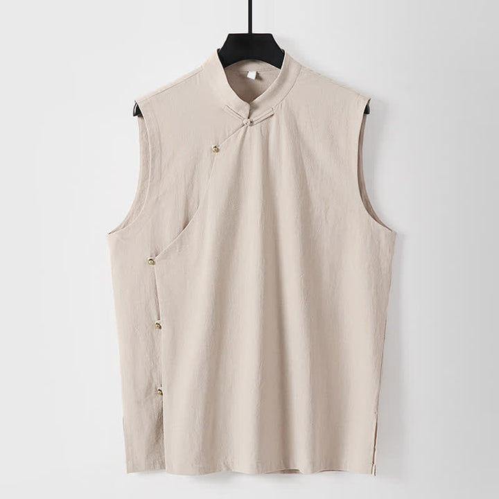 Buddha Stones 夏物無地スタンドカラーボタン留めメンズコットンリネンノースリーブベスト - オールドレース - 米国/UK/AU56、EU66（9XL） - image 14