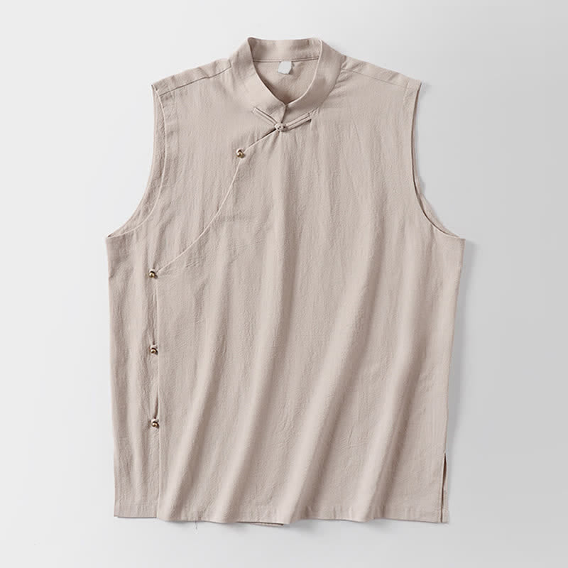 Buddha Stones 夏物無地スタンドカラーボタン留めメンズコットンリネンノースリーブベスト - image 15