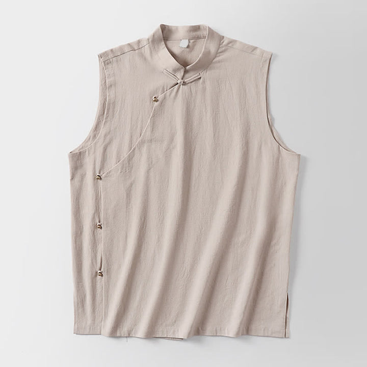 Buddha Stones 夏物無地スタンドカラーボタン留めメンズコットンリネンノースリーブベスト - image 15