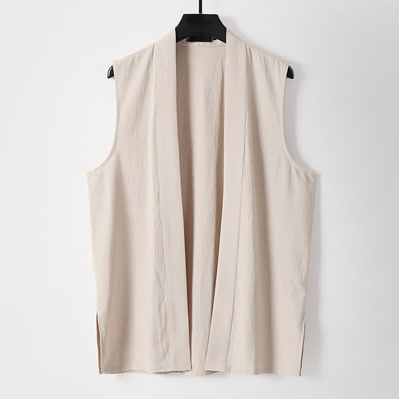 Buddha Stones 春の無地オープンフロントデザインメンズコットンリネンノースリーブ着物 - ベージュ - 米国/UK/AU56、EU66（9XL） - image 13