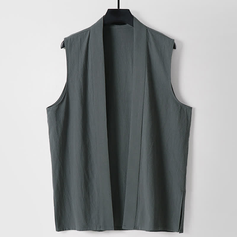 Buddha Stones 春の無地オープンフロントデザインメンズコットンリネンノースリーブ着物 - 薄暗い灰色 - 米国/UK/AU56、EU66（9XL） - image 0