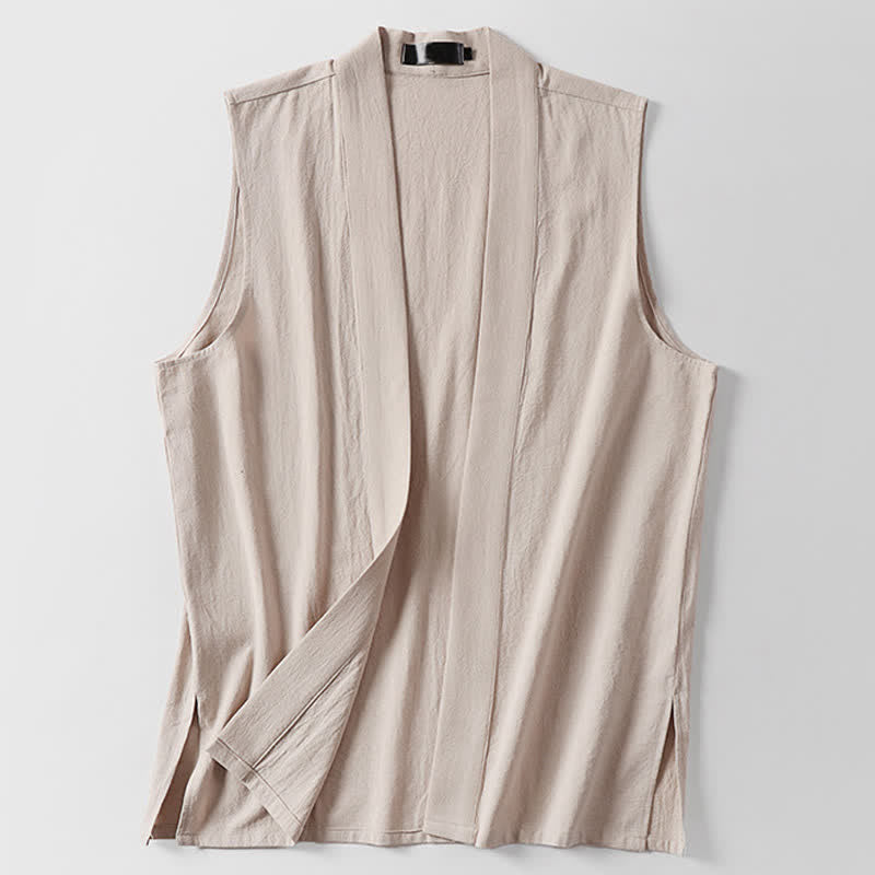 Buddha Stones 春の無地オープンフロントデザインメンズコットンリネンノースリーブ着物 - image 14