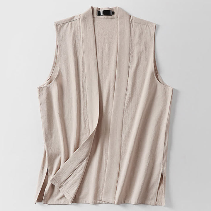 Buddha Stones 春の無地オープンフロントデザインメンズコットンリネンノースリーブ着物 - image 14