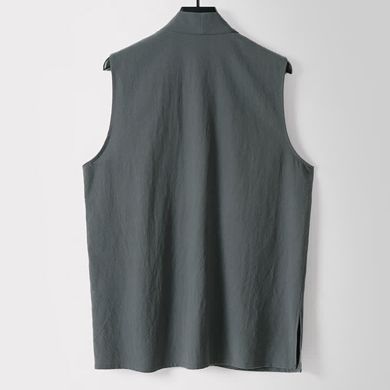 Buddha Stones 春の無地オープンフロントデザインメンズコットンリネンノースリーブ着物 - image 1