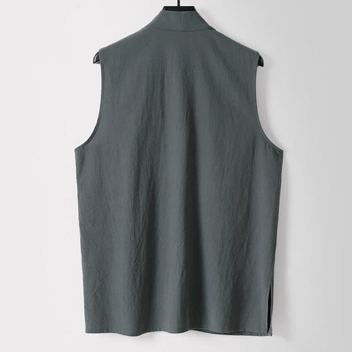 Buddha Stones 春の無地オープンフロントデザインメンズコットンリネンノースリーブ着物 - image 1