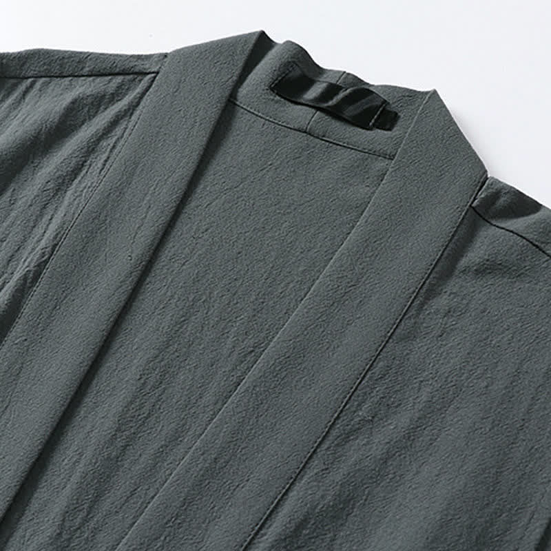 Buddha Stones 春の無地オープンフロントデザインメンズコットンリネンノースリーブ着物 - image 2