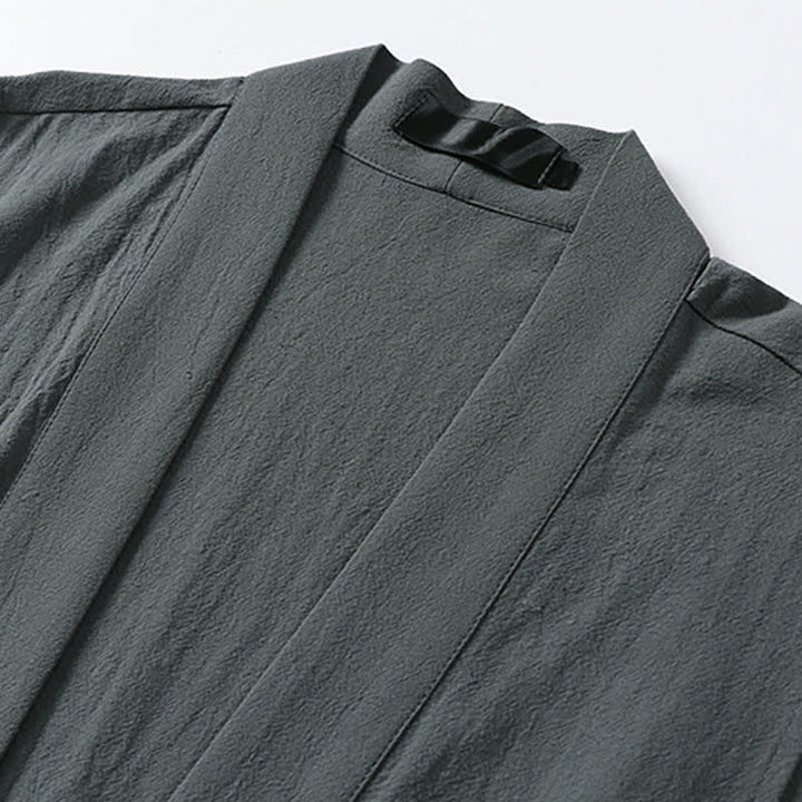 Buddha Stones 春の無地オープンフロントデザインメンズコットンリネンノースリーブ着物 - image 2