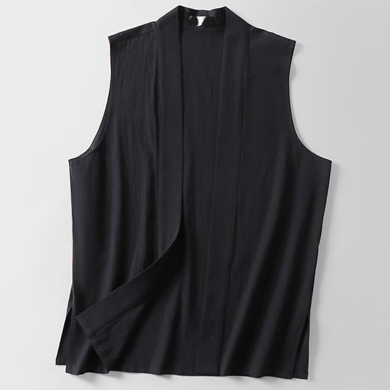 Buddha Stones 春の無地オープンフロントデザインメンズコットンリネンノースリーブ着物 - image 11