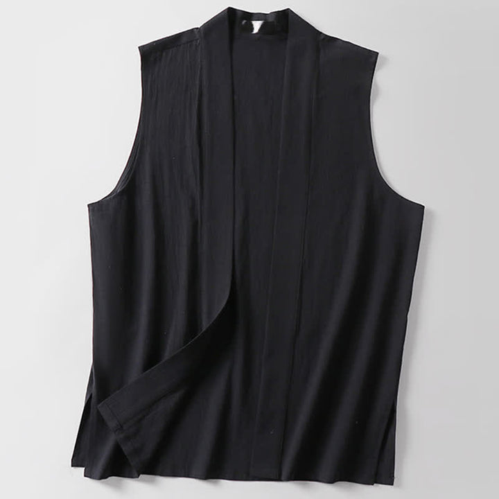 Buddha Stones 春の無地オープンフロントデザインメンズコットンリネンノースリーブ着物 - image 11