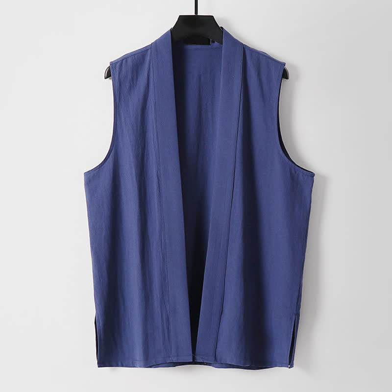 Buddha Stones 春の無地オープンフロントデザインメンズコットンリネンノースリーブ着物 - ダークブルー - 米国/UK/AU56、EU66（9XL） - image 15