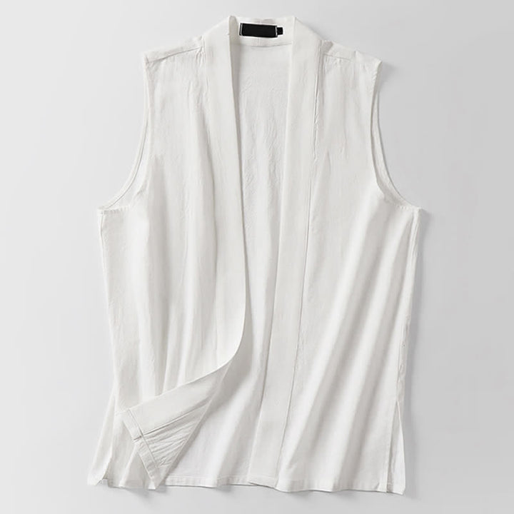 Buddha Stones 春の無地オープンフロントデザインメンズコットンリネンノースリーブ着物 - image 9