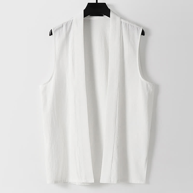 Buddha Stones 春の無地オープンフロントデザインメンズコットンリネンノースリーブ着物 - 白 - 米国/UK/AU56、EU66（9XL） - image 8