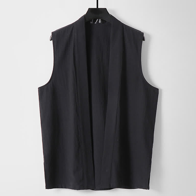 Buddha Stones 春の無地オープンフロントデザインメンズコットンリネンノースリーブ着物 - 黒 - 米国/UK/AU56、EU66（9XL） - image 10