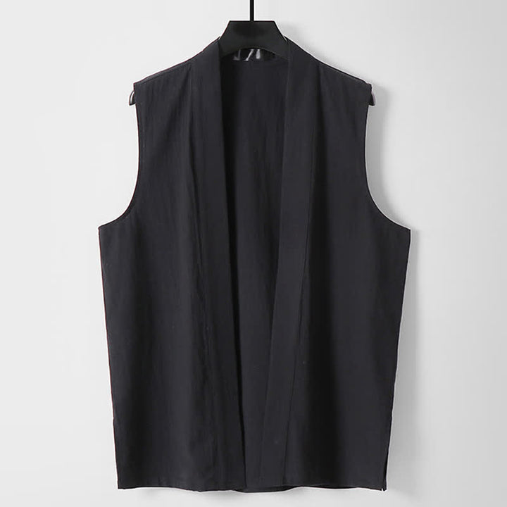 Buddha Stones 春の無地オープンフロントデザインメンズコットンリネンノースリーブ着物 - 黒 - 米国/UK/AU56、EU66（9XL） - image 10