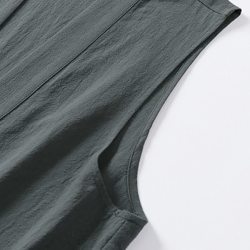 Buddha Stones 春の無地オープンフロントデザインメンズコットンリネンノースリーブ着物 - image 5