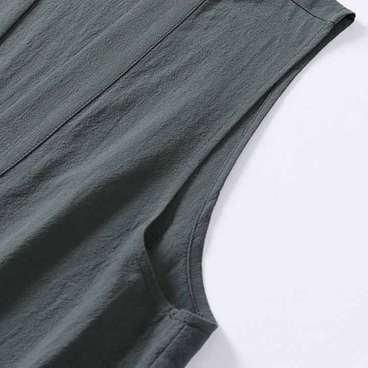 Buddha Stones 春の無地オープンフロントデザインメンズコットンリネンノースリーブ着物 - image 5