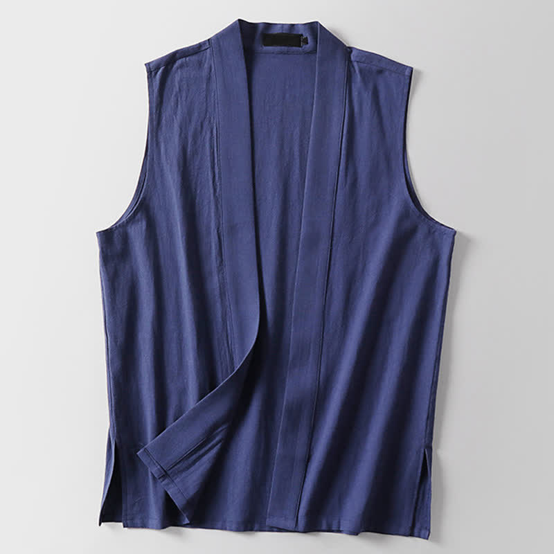 Buddha Stones 春の無地オープンフロントデザインメンズコットンリネンノースリーブ着物 - image 16