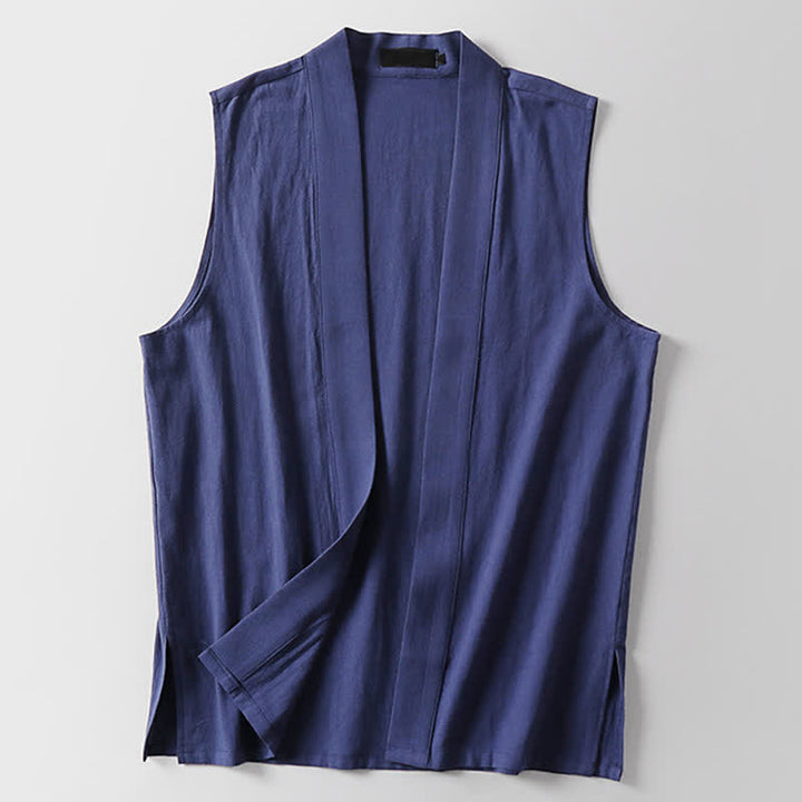 Buddha Stones 春の無地オープンフロントデザインメンズコットンリネンノースリーブ着物 - image 16