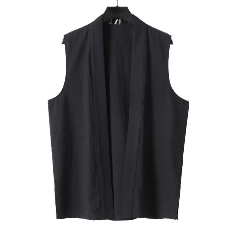 Buddha Stones 春の無地オープンフロントデザインメンズコットンリネンノースリーブ着物 - image 12