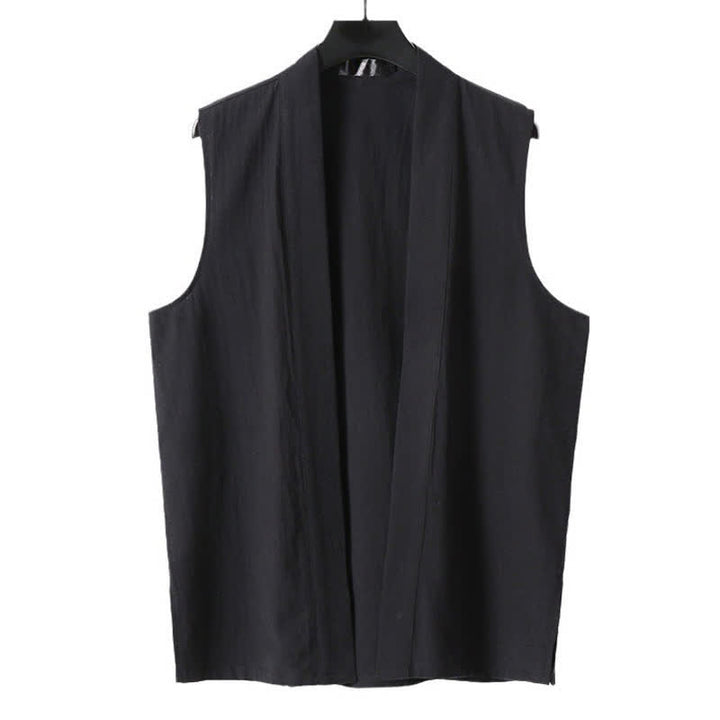 Buddha Stones 春の無地オープンフロントデザインメンズコットンリネンノースリーブ着物 - image 12