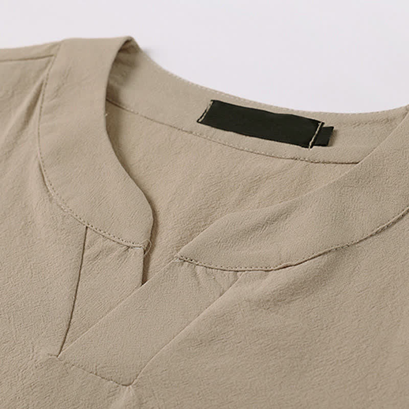 Buddha Stones 夏用刺繍入り半袖ノッチドカラーメンズコットンリネンTシャツ - image 6