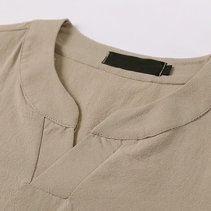 Buddha Stones 夏用刺繍入り半袖ノッチドカラーメンズコットンリネンTシャツ - image 6