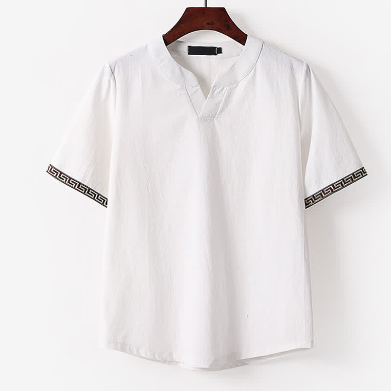 Buddha Stones 夏用刺繍入り半袖ノッチドカラーメンズコットンリネンTシャツ - 白 - 米国/UK/AU56、EU66（9XL） - image 1