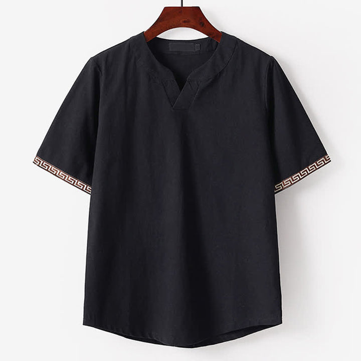 Buddha Stones 夏用刺繍入り半袖ノッチドカラーメンズコットンリネンTシャツ - 黒 - 米国/UK/AU56、EU66（9XL） - image 3