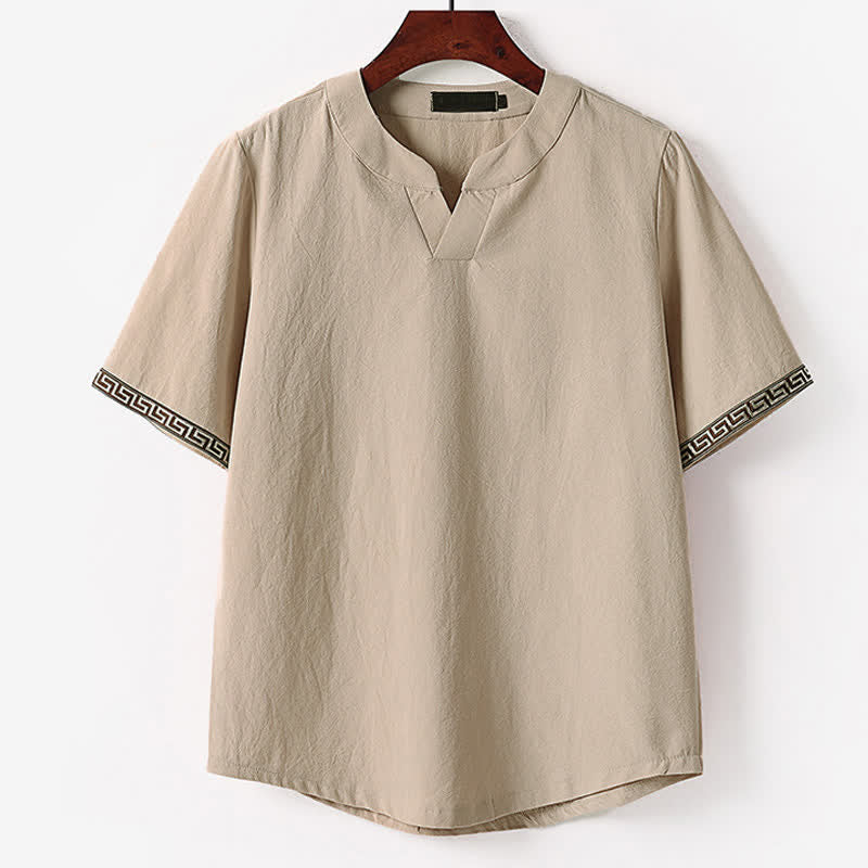 Buddha Stones 夏用刺繍入り半袖ノッチドカラーメンズコットンリネンTシャツ - タン - 米国/UK/AU56、EU66（9XL） - image 4