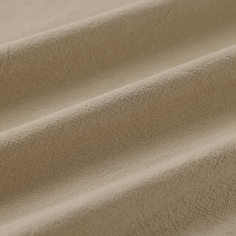 Buddha Stones 夏用刺繍入り半袖ノッチドカラーメンズコットンリネンTシャツ - image 7