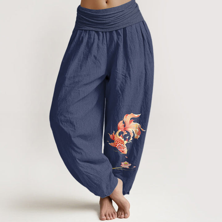 Buddha Stones Cotton Luck鯉と蓮の模様 レディース ゴムウエスト ハーレムパンツ - ダークスレートブルー - US16、 UK/AU20、 EU48 (3XL) - image 5