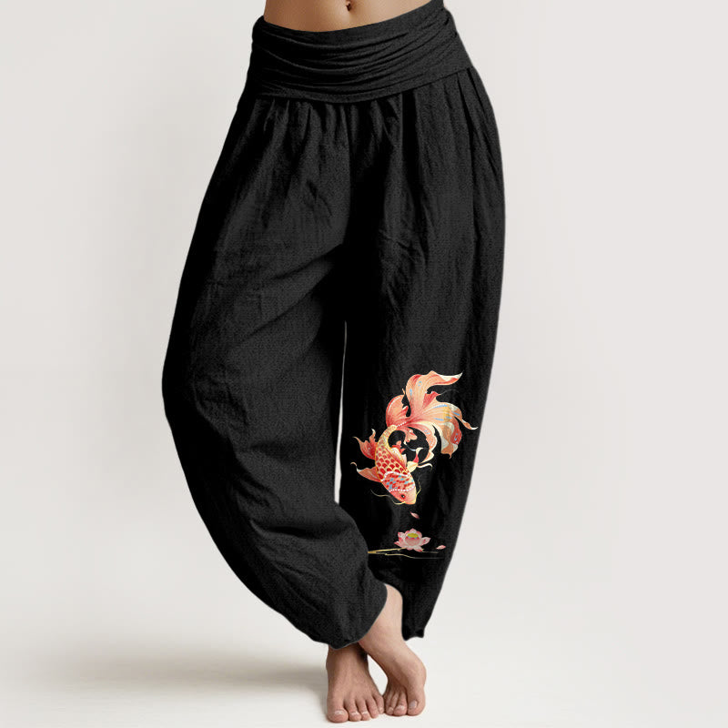 Buddha Stones Cotton Luck鯉と蓮の模様 レディース ゴムウエスト ハーレムパンツ - 黒 - US16、 UK/AU20、 EU48 (3XL) - image 0