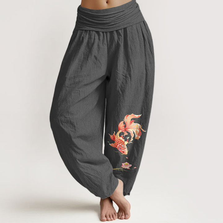Buddha Stones Cotton Luck鯉と蓮の模様 レディース ゴムウエスト ハーレムパンツ - 薄暗い灰色 - US16、 UK/AU20、 EU48 (3XL) - image 8