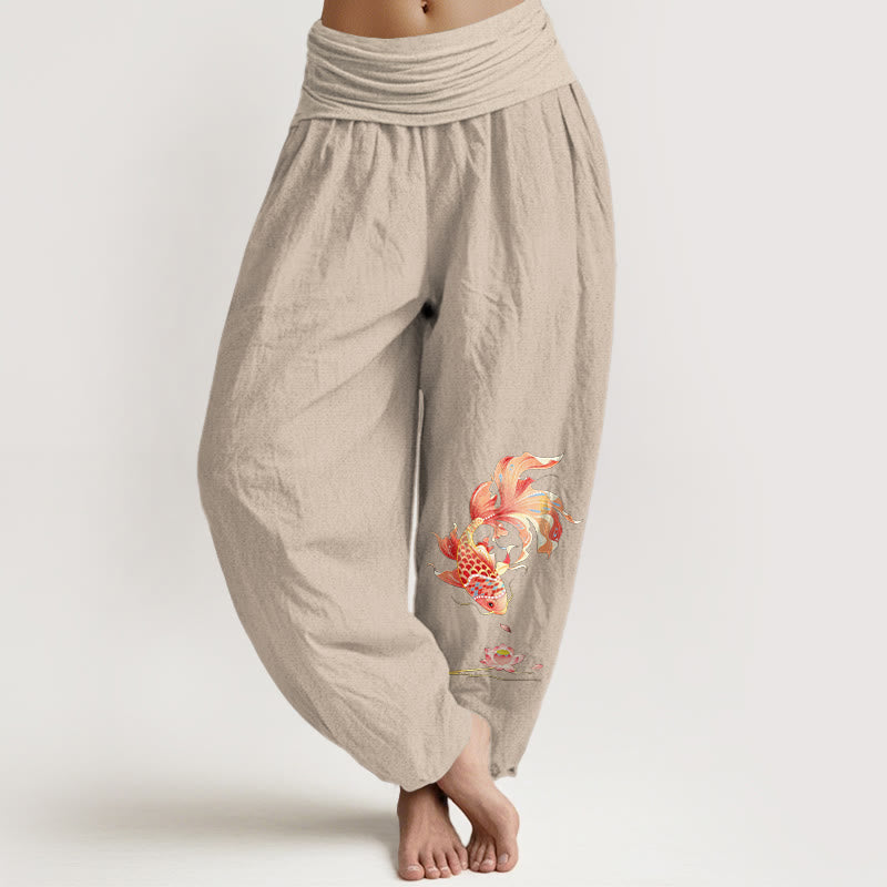 Buddha Stones Cotton Luck鯉と蓮の模様 レディース ゴムウエスト ハーレムパンツ - タン - US16、 UK/AU20、 EU48 (3XL) - image 11