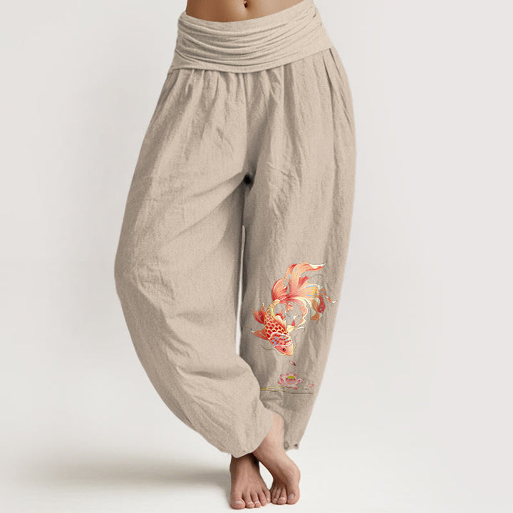 Buddha Stones Cotton Luck鯉と蓮の模様 レディース ゴムウエスト ハーレムパンツ - タン - US16、 UK/AU20、 EU48 (3XL) - image 11