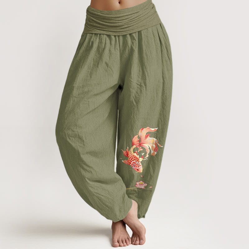 Buddha Stones Cotton Luck鯉と蓮の模様 レディース ゴムウエスト ハーレムパンツ - オリーブドラブ - US16、 UK/AU20、 EU48 (3XL) - image 14