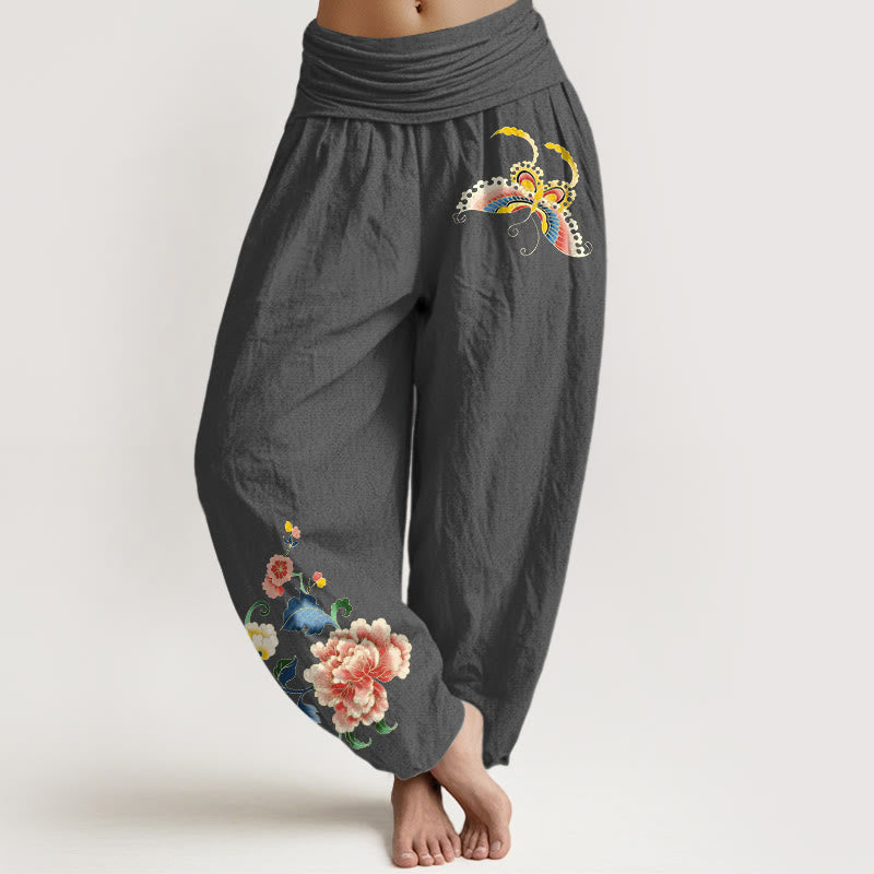 Buddha Stonesコットン製縁起の良い牡丹の花と蝶の模様入りレディースゴムウエストハーレムパンツ - 薄暗い灰色 - US16、 UK/AU20、 EU48 (3XL) - image 11