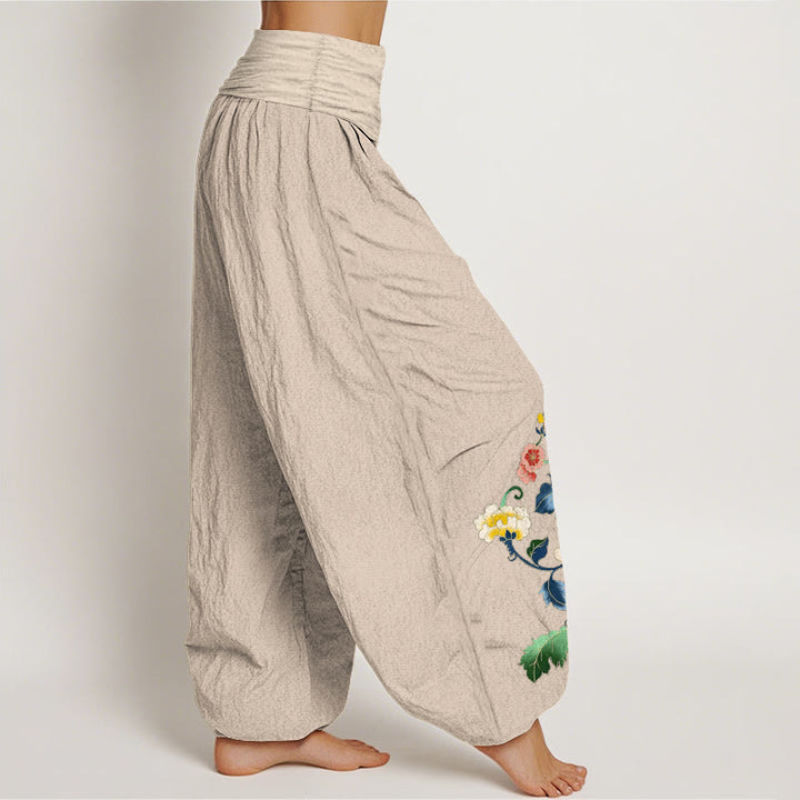 Buddha Stonesコットン製縁起の良い牡丹の花と蝶の模様入りレディースゴムウエストハーレムパンツ - image 15