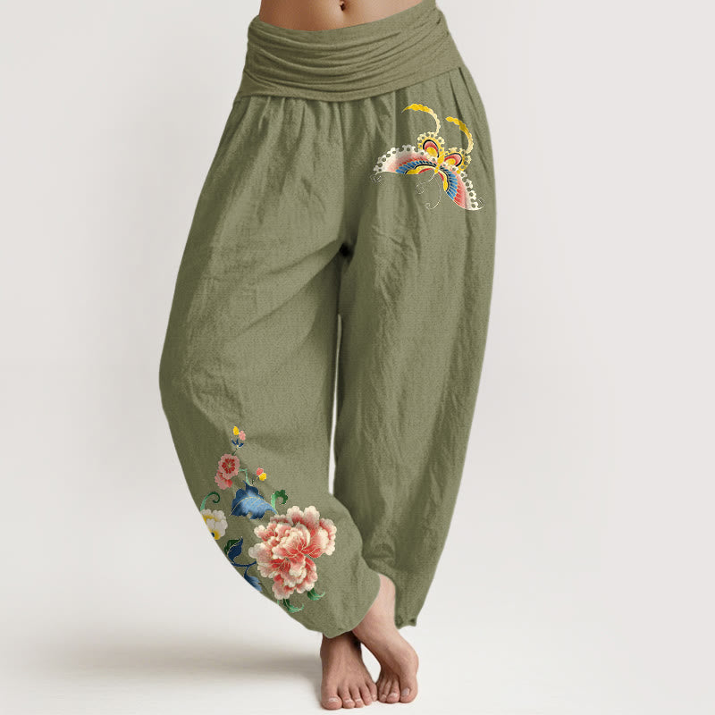 Buddha Stonesコットン製縁起の良い牡丹の花と蝶の模様入りレディースゴムウエストハーレムパンツ - オリーブドラブ - US16、 UK/AU20、 EU48 (3XL) - image 0