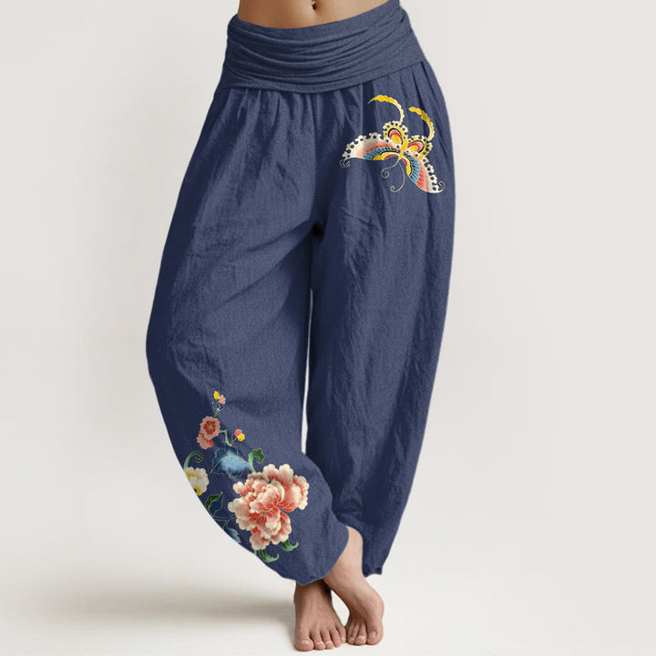 Buddha Stonesコットン製縁起の良い牡丹の花と蝶の模様入りレディースゴムウエストハーレムパンツ - ダークスレートブルー - US16、 UK/AU20、 EU48 (3XL) - image 8