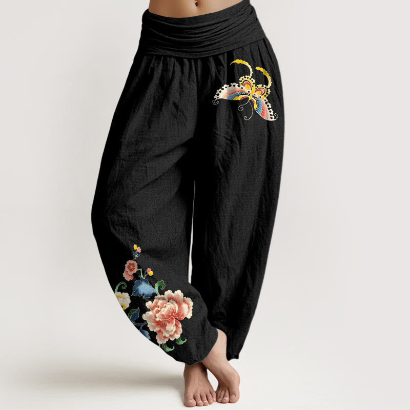 Buddha Stonesコットン製縁起の良い牡丹の花と蝶の模様入りレディースゴムウエストハーレムパンツ - 黒 - US16、 UK/AU20、 EU48 (3XL) - image 5