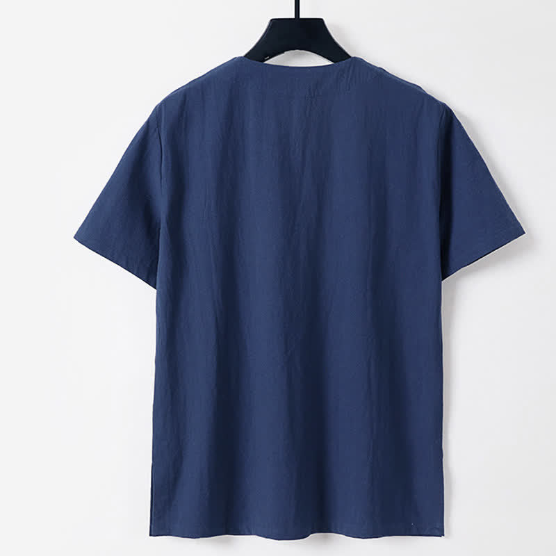 Buddha Stones 無地、カエルボタン、ノッチドラペル、半袖、メンズ、コットンリネンTシャツ - image 4