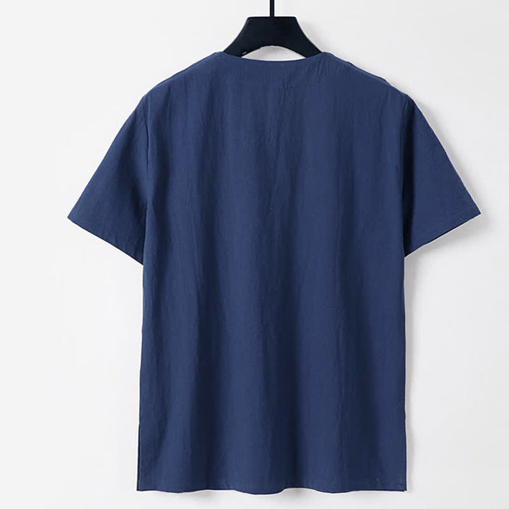 Buddha Stones 無地、カエルボタン、ノッチドラペル、半袖、メンズ、コットンリネンTシャツ - image 4