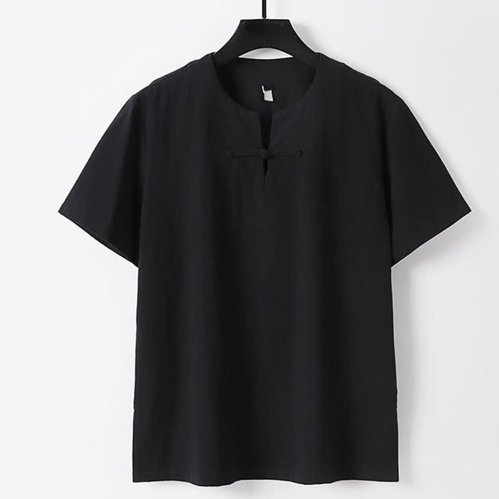 Buddha Stones 無地、カエルボタン、ノッチドラペル、半袖、メンズ、コットンリネンTシャツ - 黒 - 米国/UK/AU56、EU66（9XL） - image 2