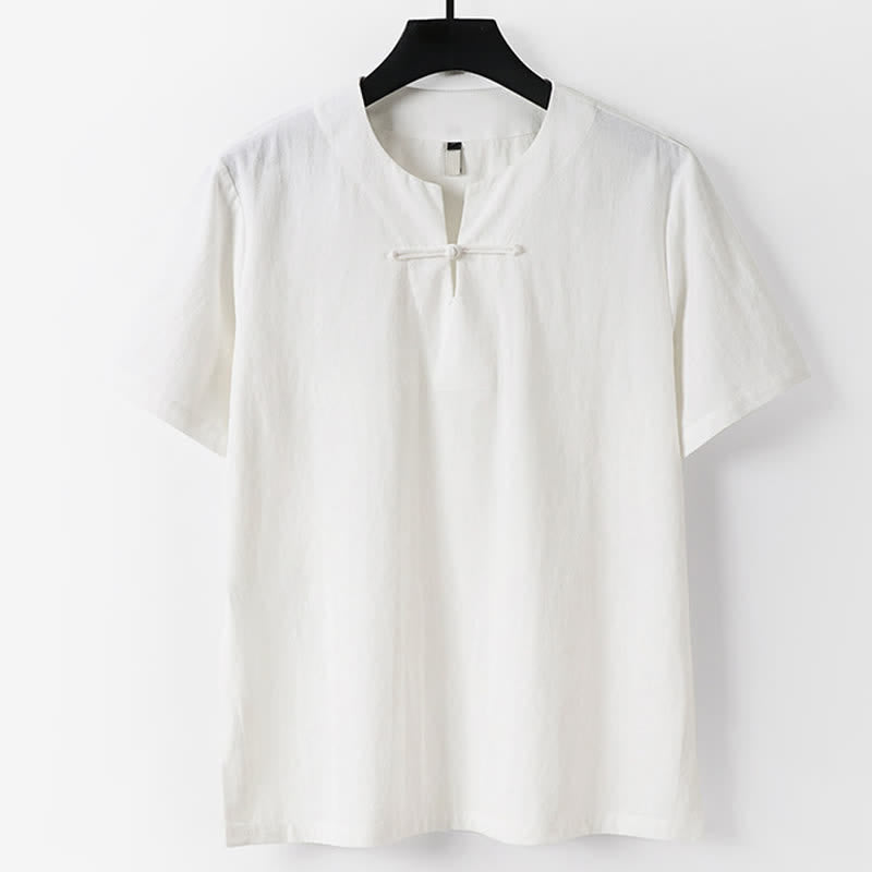 Buddha Stones 無地、カエルボタン、ノッチドラペル、半袖、メンズ、コットンリネンTシャツ - 白 - 米国/UK/AU56、EU66（9XL） - image 1