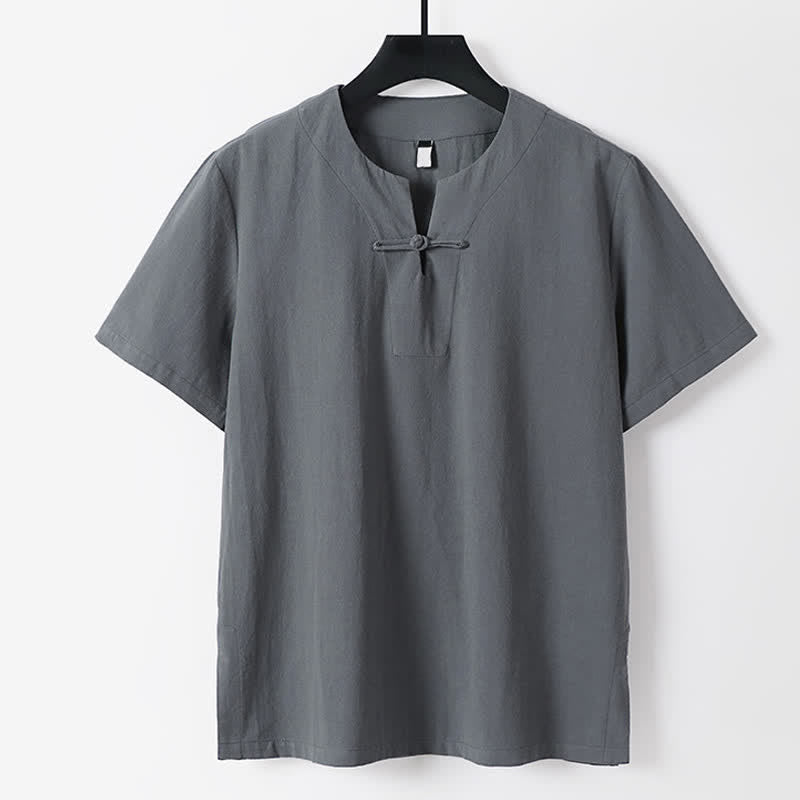 Buddha Stones 無地、カエルボタン、ノッチドラペル、半袖、メンズ、コットンリネンTシャツ - グレー - 米国/UK/AU56、EU66（9XL） - image 0