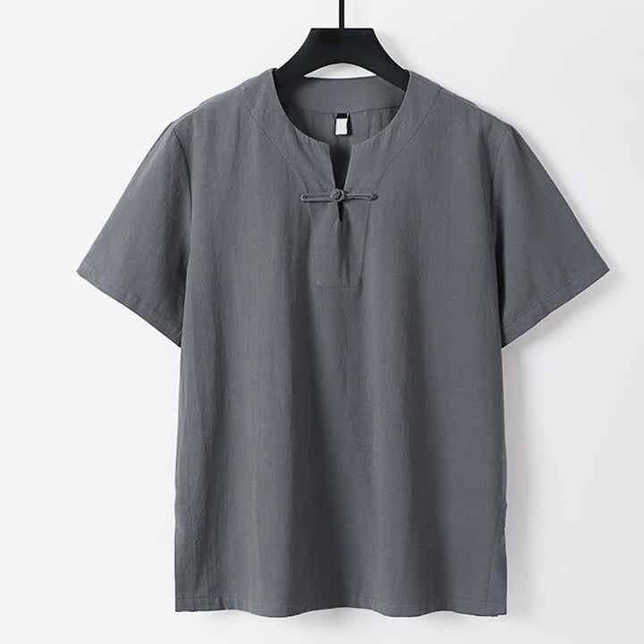 Buddha Stones 無地、カエルボタン、ノッチドラペル、半袖、メンズ、コットンリネンTシャツ - グレー - 米国/UK/AU56、EU66（9XL） - image 0