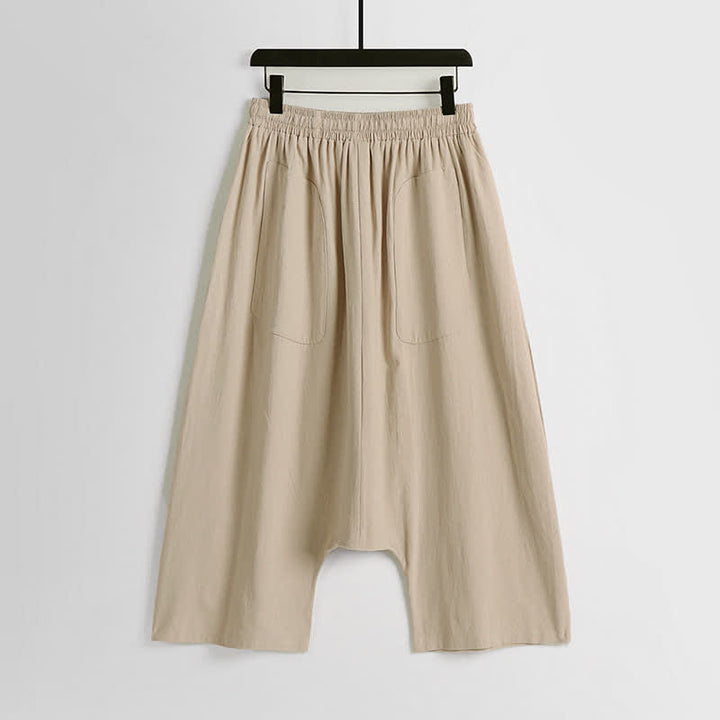 Buddha Stones シンプルなドロップクロッチデザインのコットンリネン製メンズハーレムパンツ（丈7-8インチ） - image 1