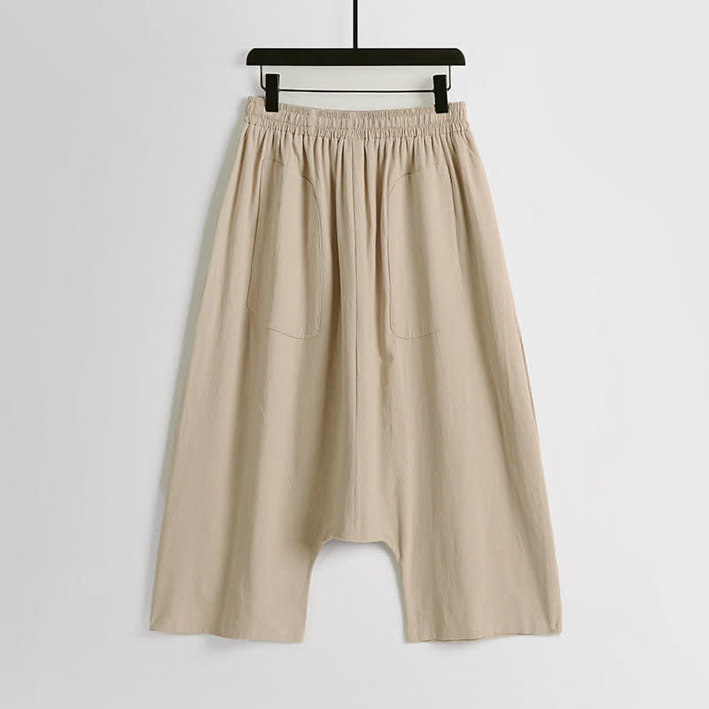 Buddha Stones シンプルなドロップクロッチデザインのコットンリネン製メンズハーレムパンツ（丈7-8インチ） - image 1