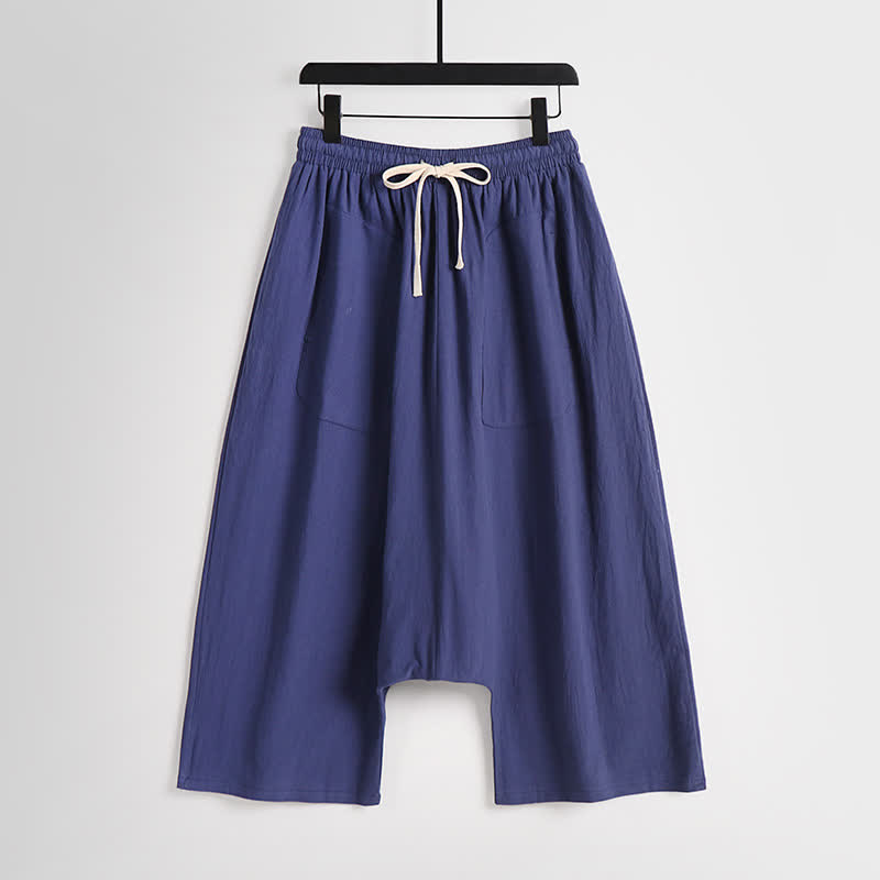 Buddha Stones シンプルなドロップクロッチデザインのコットンリネン製メンズハーレムパンツ（丈7-8インチ） - インジゴ - US/UK/AU54、 EU64 (9XL) - image 12